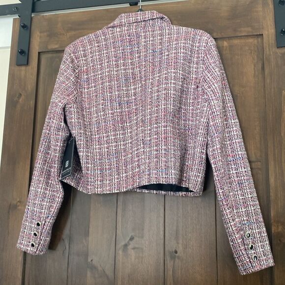 335A) Bagatelle Tweed Pink Black Off White Cropped Single Button Blazer Sz 14 - Picture 2 of 7